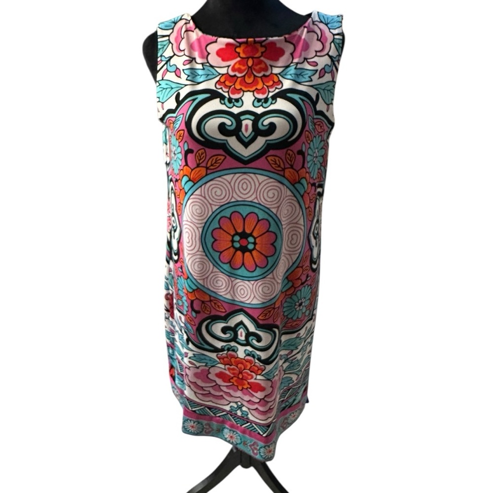 Nicole Floral Geometric Midi Dress in Pink, Teal, Orange, White